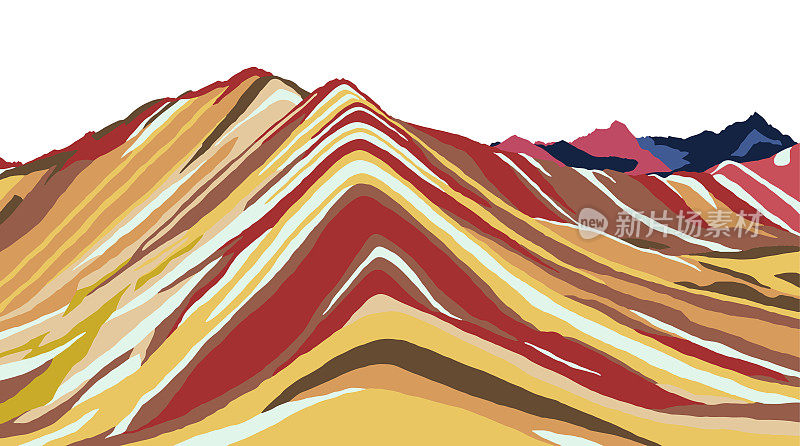 彩虹山或蒙大拿的Vinicunca de Siete colorores孤立在蓝天背景，库斯科地区在秘鲁，秘鲁安第斯，矢量插图